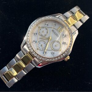 Bulova Silver and Gold Watch with Crystal Details